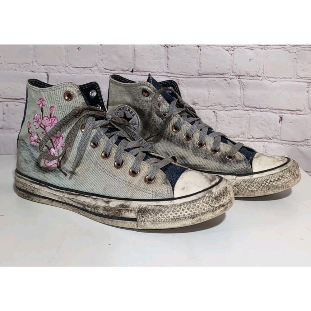 Size 9 - Converse Chuck High Top Denim Cherry Blossom Goth Zombie Custom Shoe